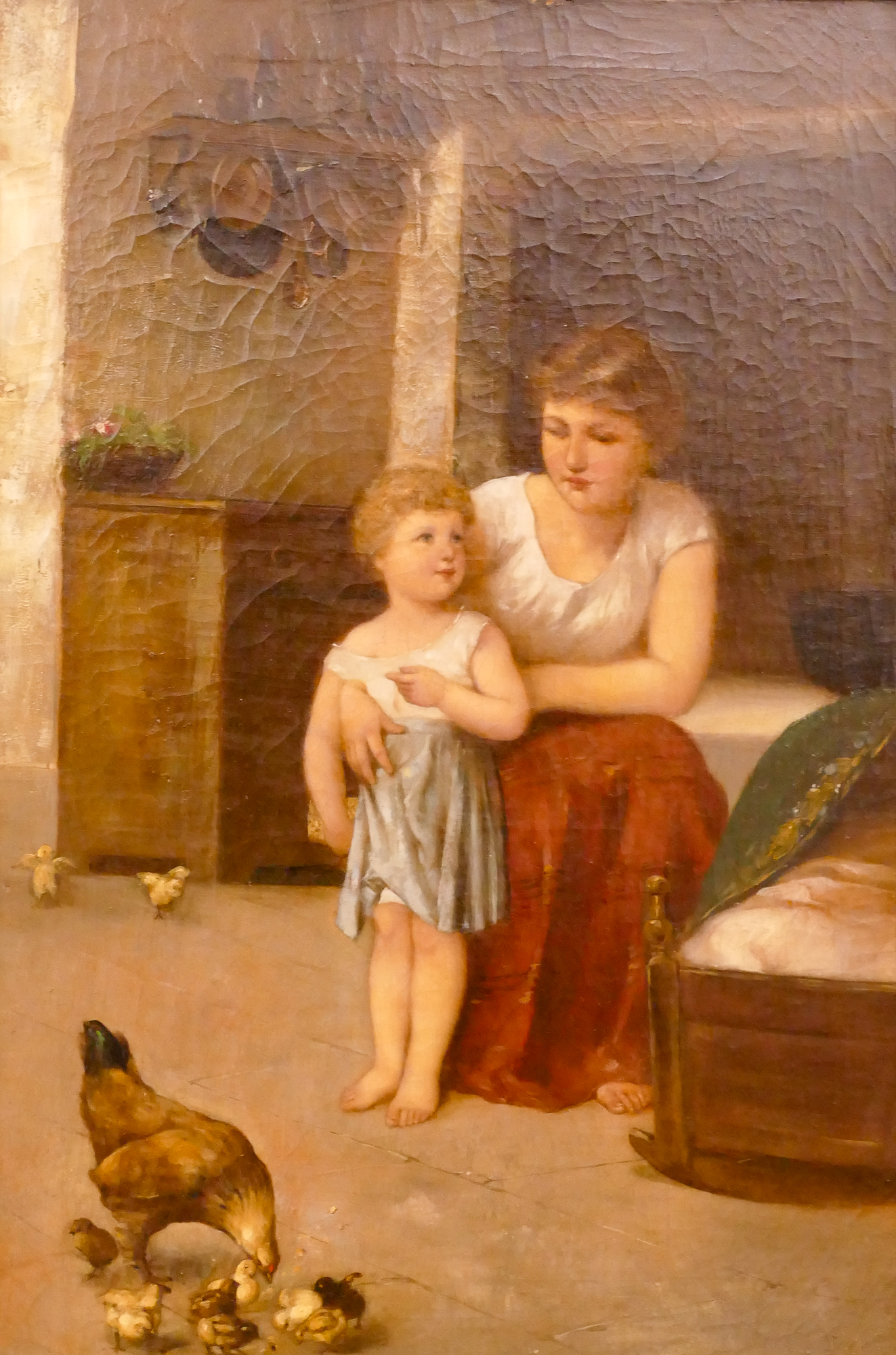 Antique Maternal Interior Scene Oil