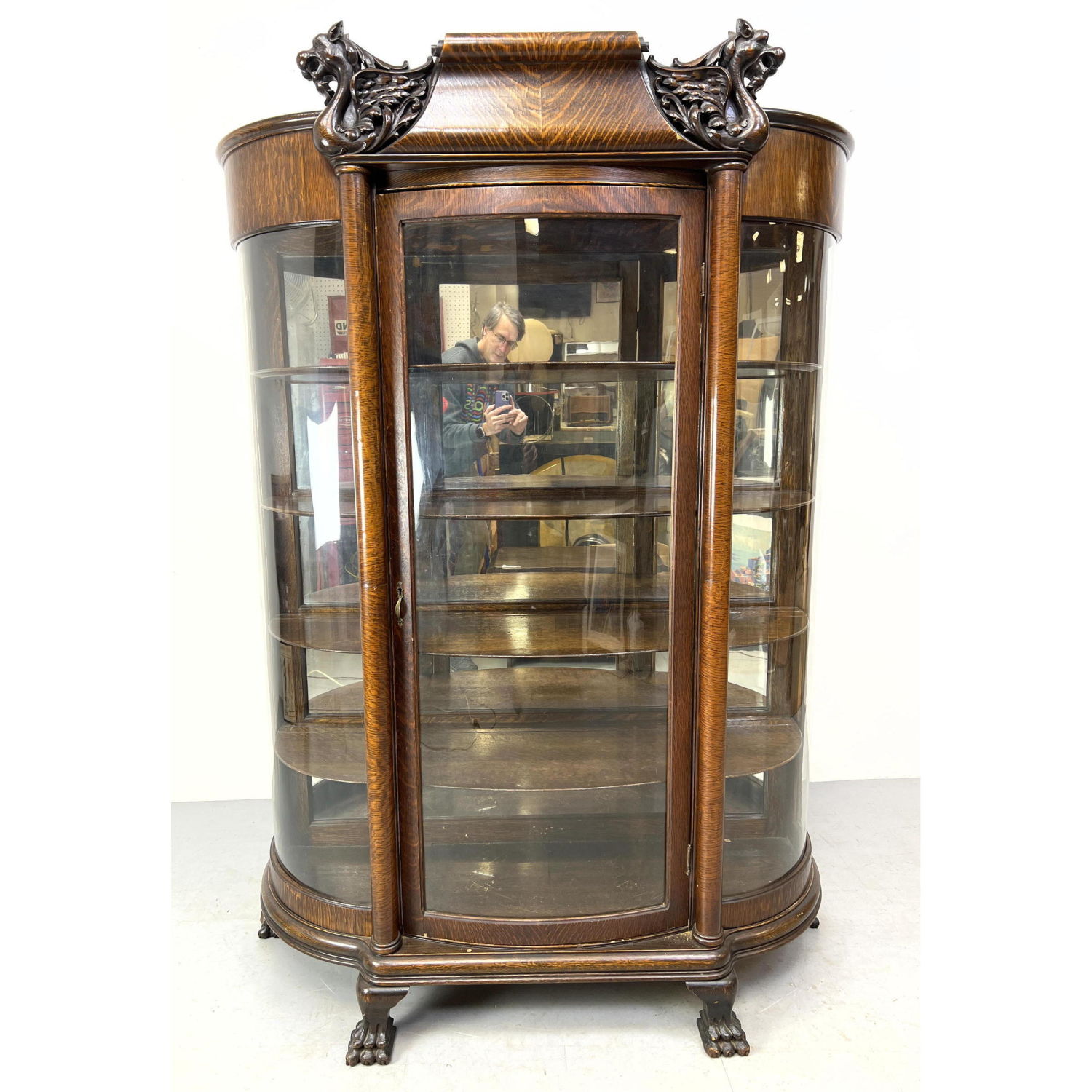 Antique Oak Bowed Glass China