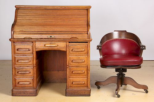 ANTIQUE OAK ROLLTOP DESK AND