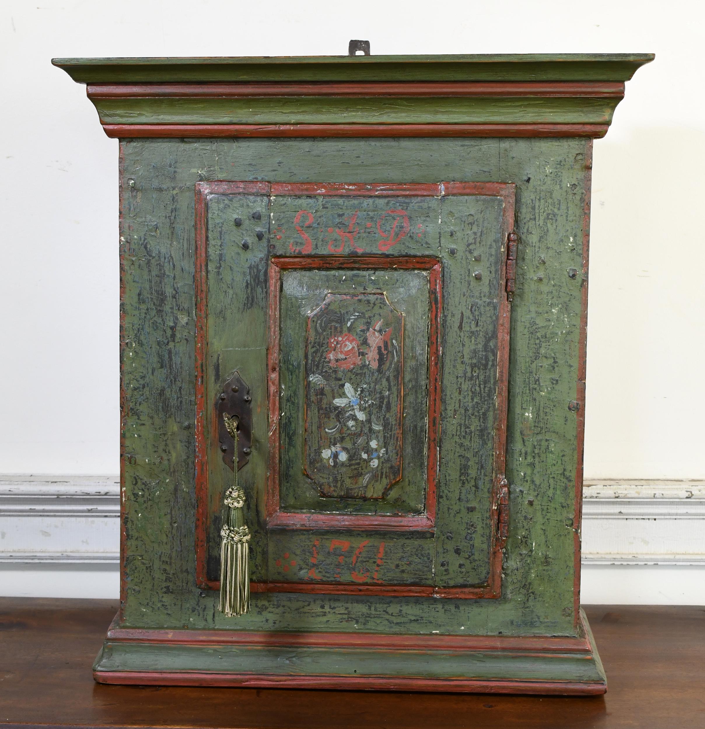 ANTIQUE PAINTED HANGING CABINET. An