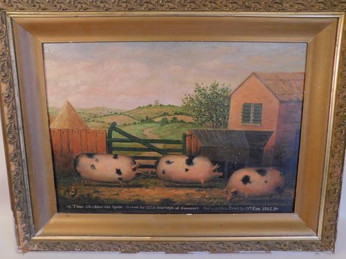 ANTIQUE PAINTING 3 PIGS IN