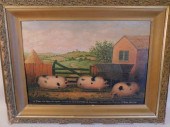 ANTIQUE PAINTING 3 PIGS IN FAR