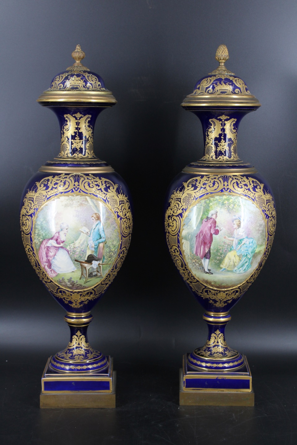 ANTIQUE PAIR COBALT PAINT DECORATED