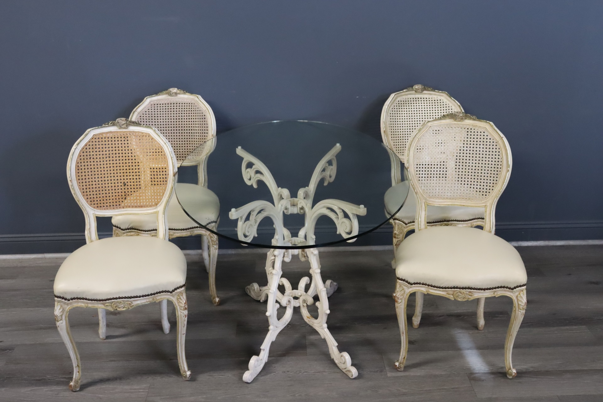 ANTIQUE PATINATED METAL TABLE & 4