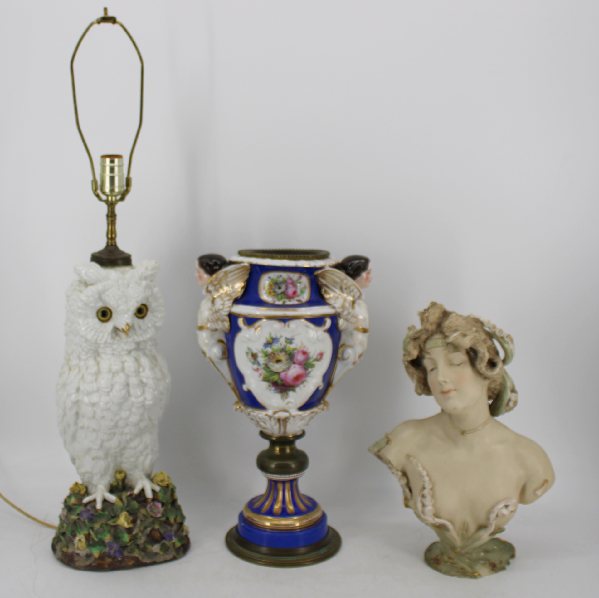 ANTIQUE PORCELAIN OWL,BUST & AN URN