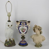 ANTIQUE PORCELAIN OWL,BUST & A
