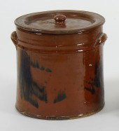 ANTIQUE REDWARE COVERED CROCKE