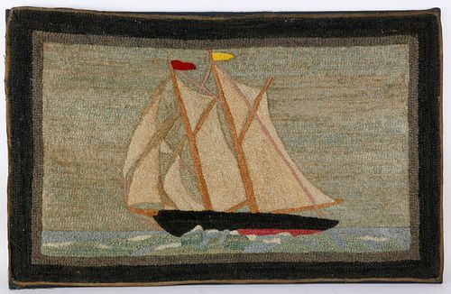 ANTIQUE SCHOONER HOOKED RUG AT FULL