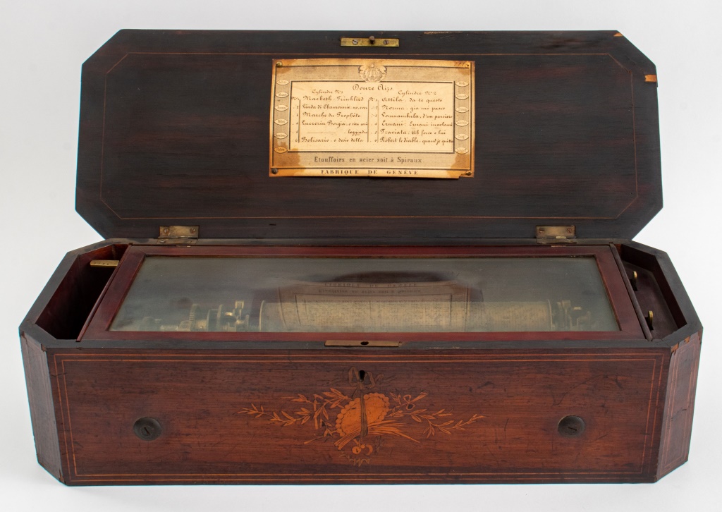 ANTIQUE SWISS CYLINDER MUSIC BOX,