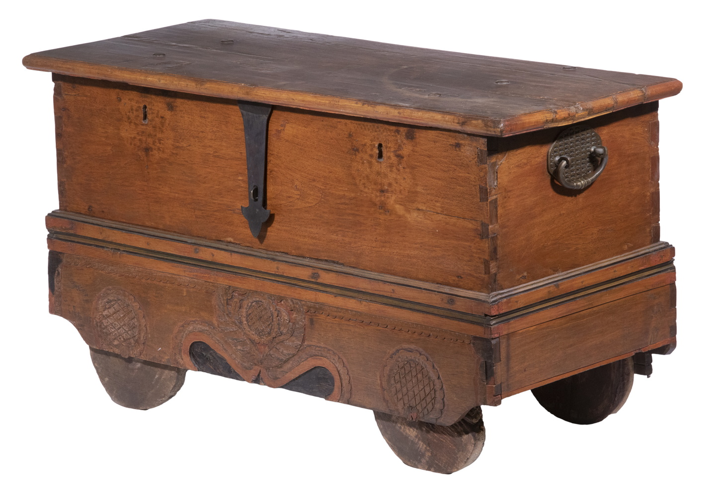 ANTIQUE TEAK CHEST ON WHEELS
