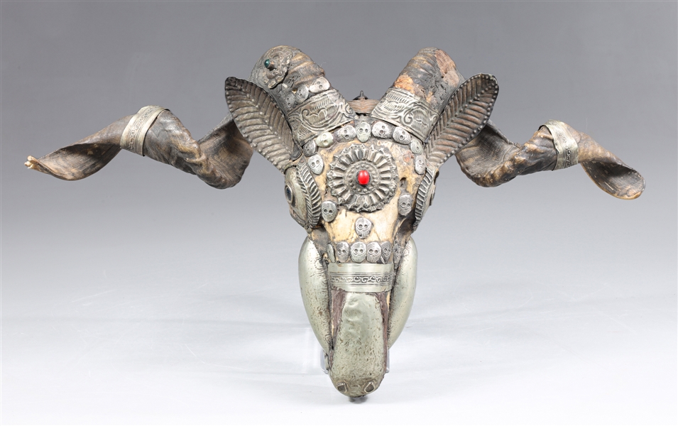 Antique Tibetan inlaid ram skull