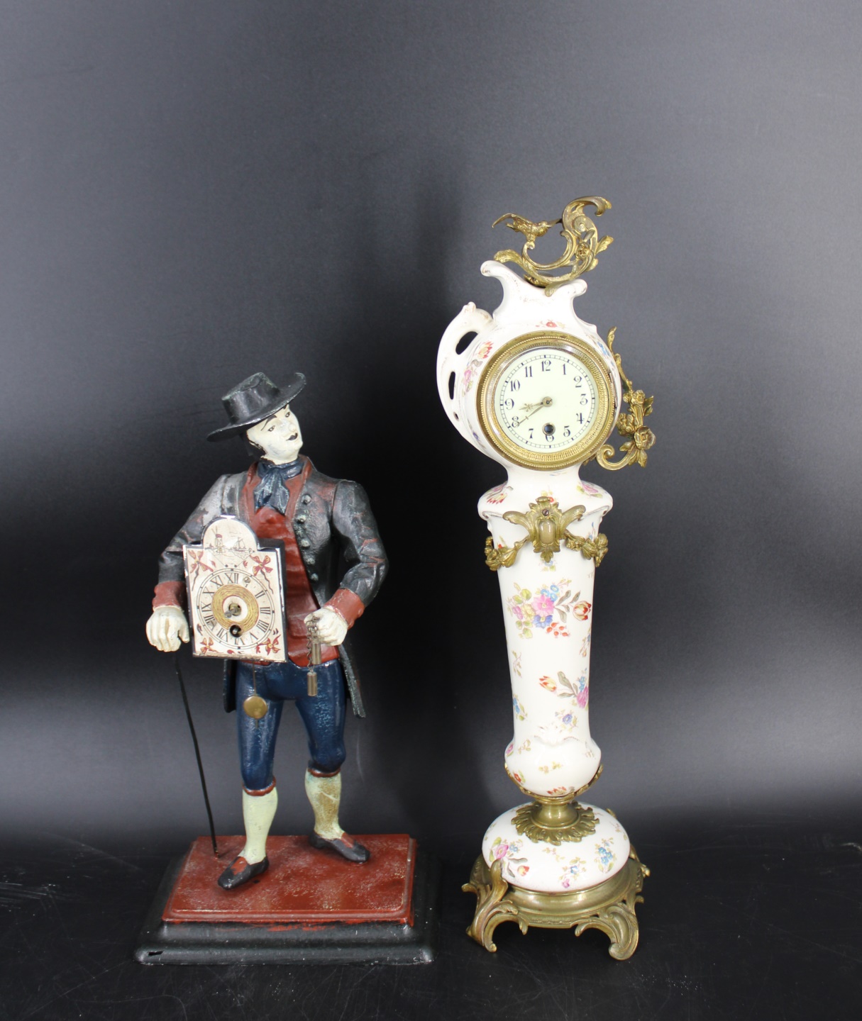 ANTIQUE TOLE FIGURAL CLOCK TOGETHER