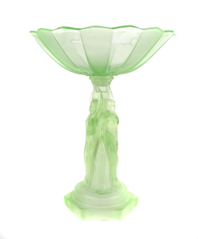 ANTIQUE VASELINE GLASS FOOTED BOWL,