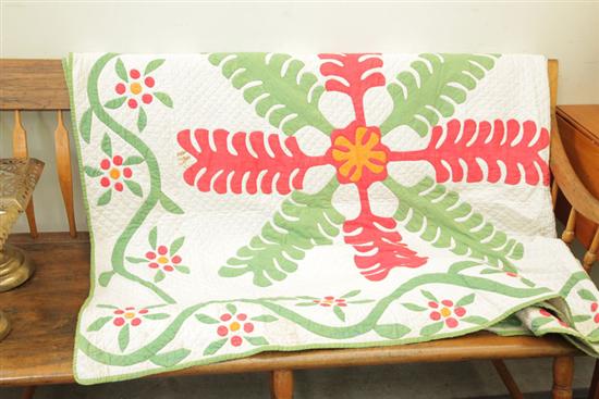 APPLIQUE PIECED QUILT. Feather
