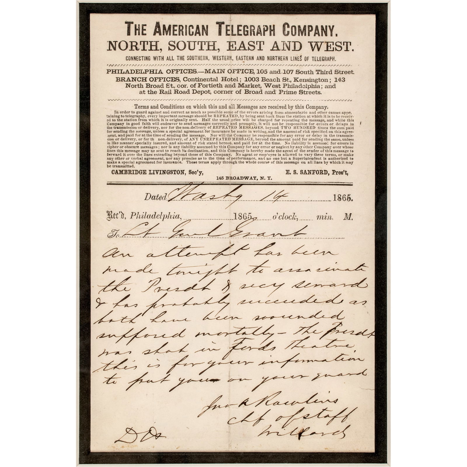 APRIL 14, 1865 ORIGINAL TELEGRAM TO