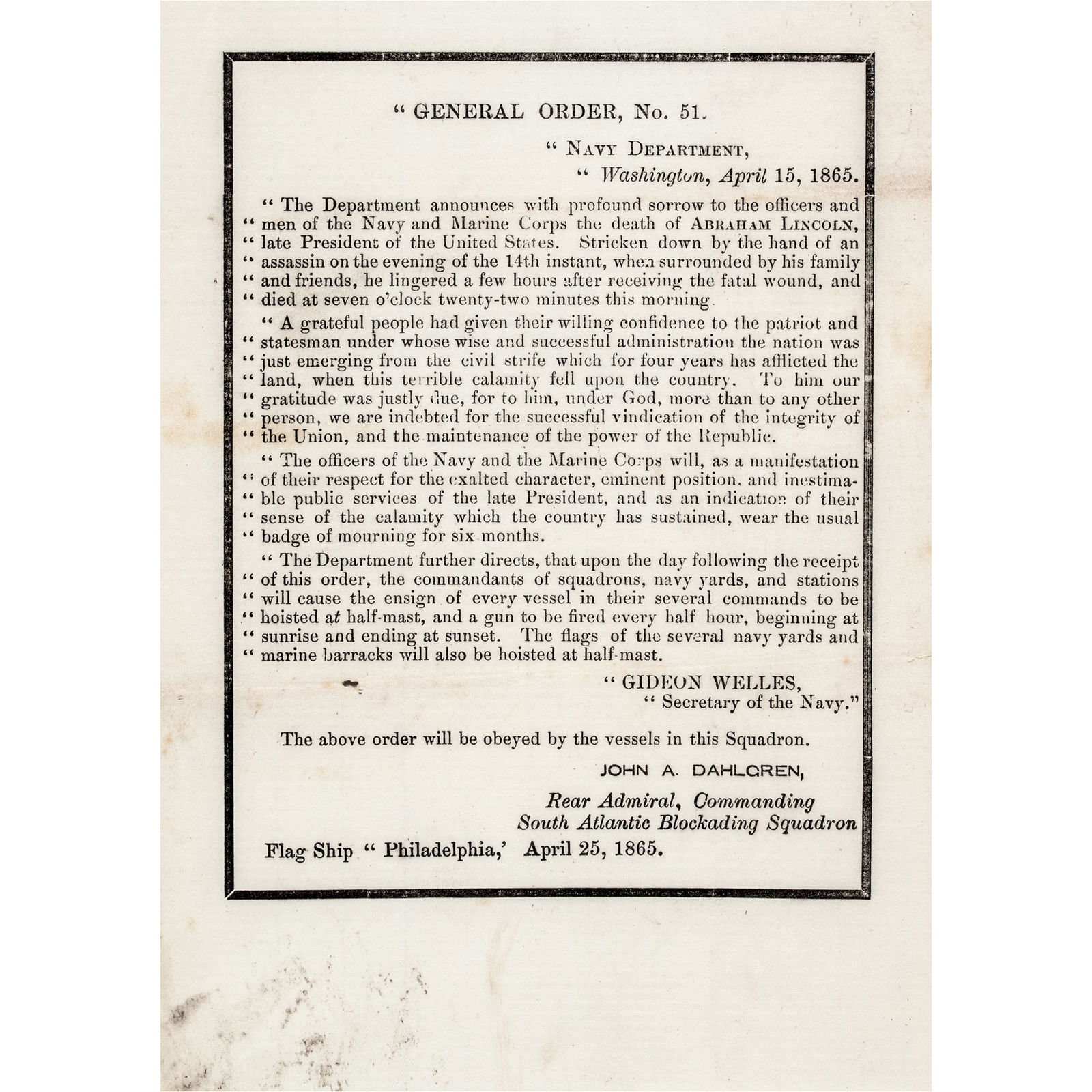 APRIL 15, 1865 U.S. NAVY ORDER 51