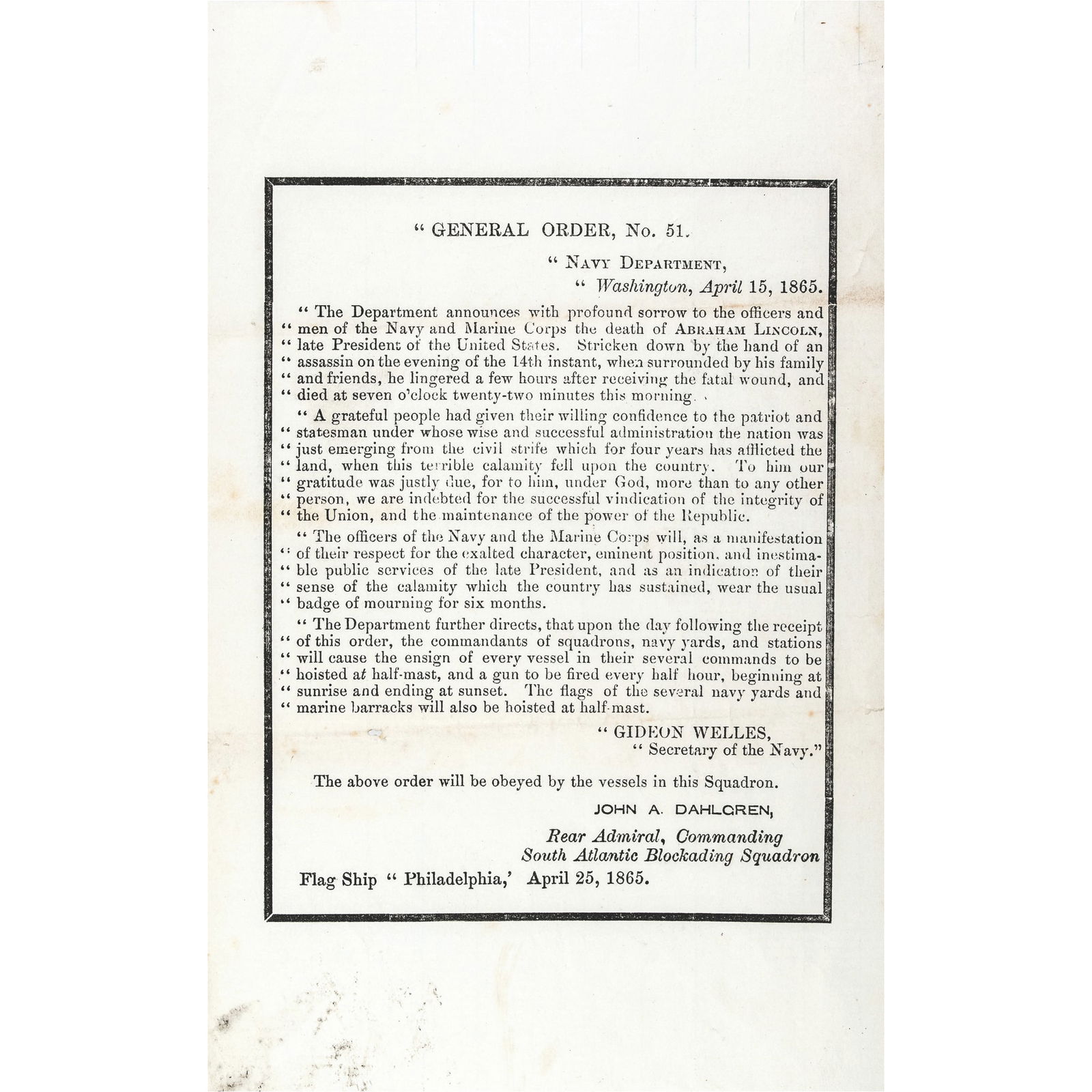 APRIL 15, 1865 U.S. NAVY ORDER 51