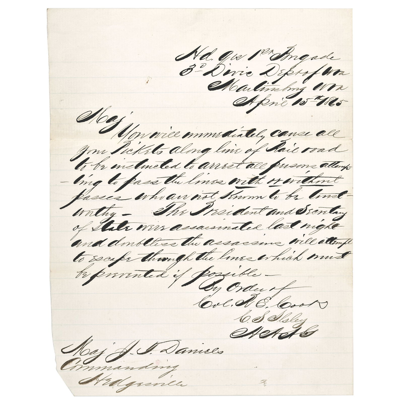 APRIL 15TH, 1865-DATED, EXCEPTIONAL