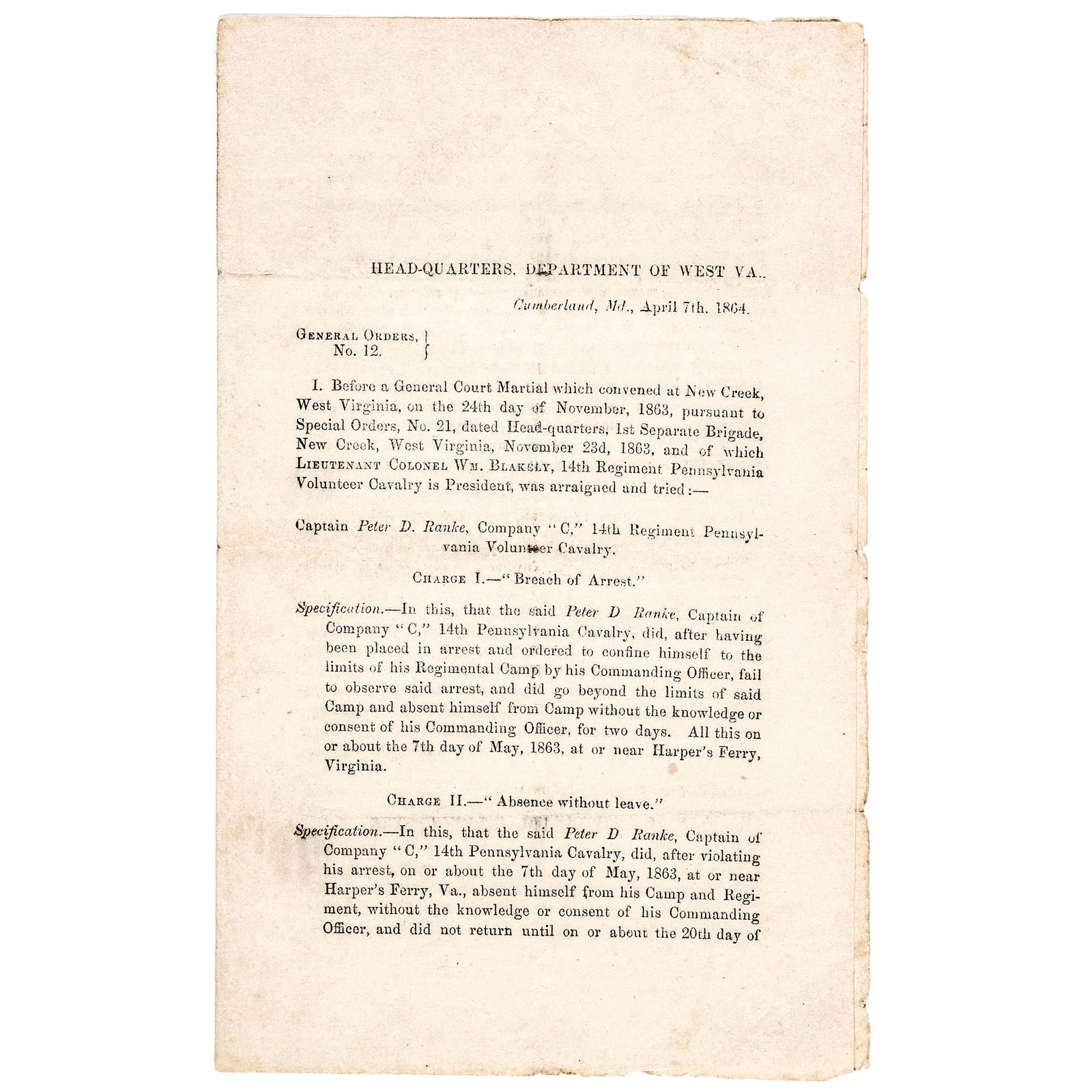 APRIL 7TH, 1864-DATED CIVIL WAR,