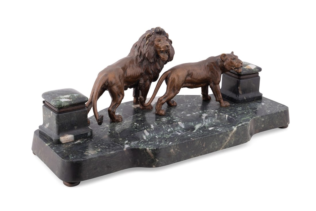 ART DECO BRONZE & MARBLE LION