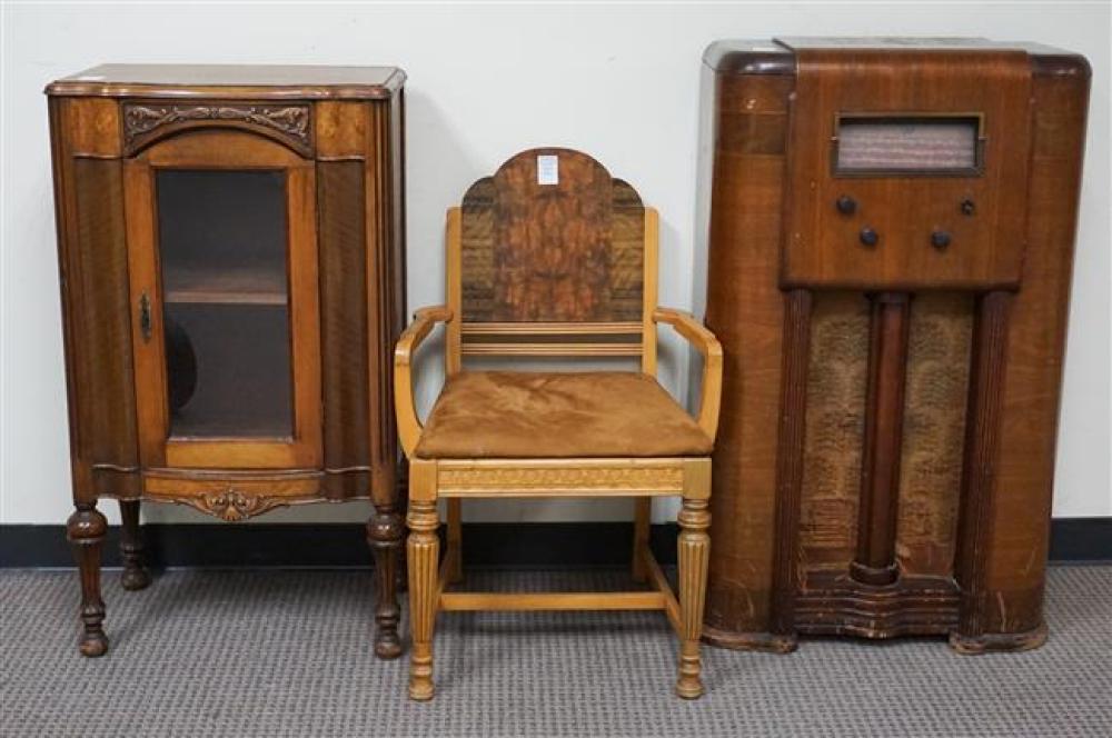 ART DECO BURLWOOD RADIO, ARMCHAIR