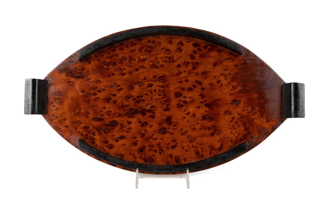 ART DECO EBONIZED BURLWOOD TRAY, C.
