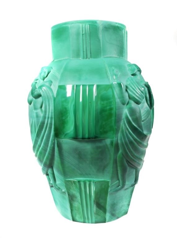 ART DECO GREEN GLASS DRAPED NUDES