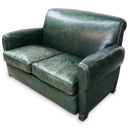 ART DECO GREEN LEATHER LOVESEAT