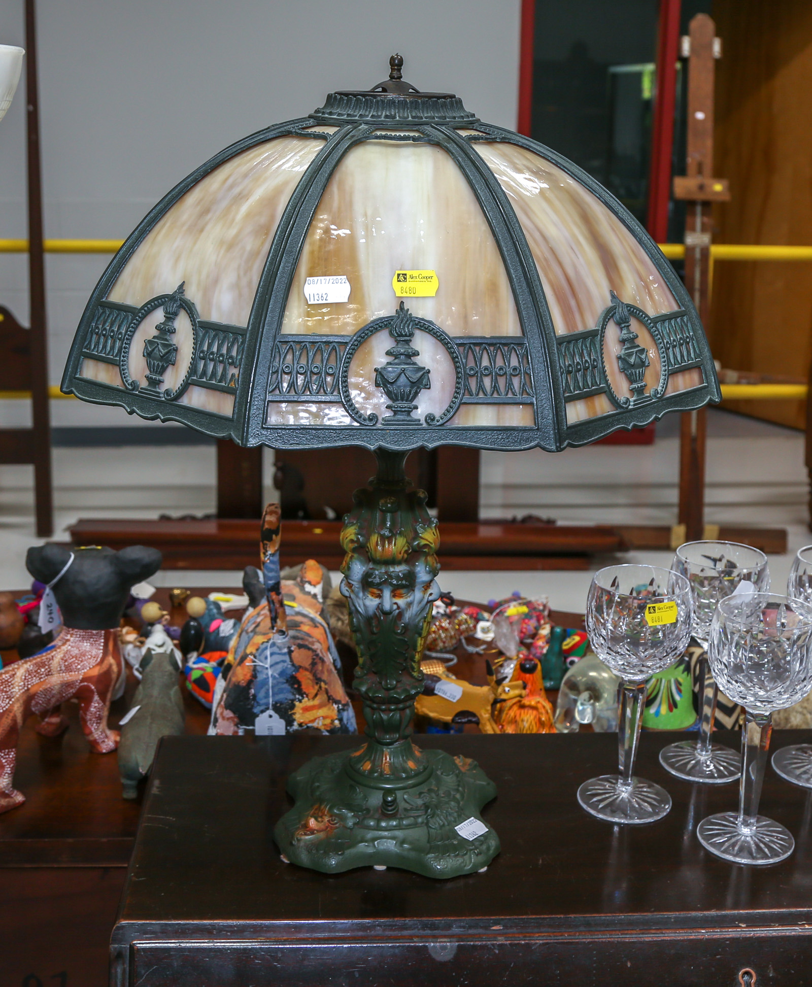ART DECO METAL TABLE LAMP WITH SLAG