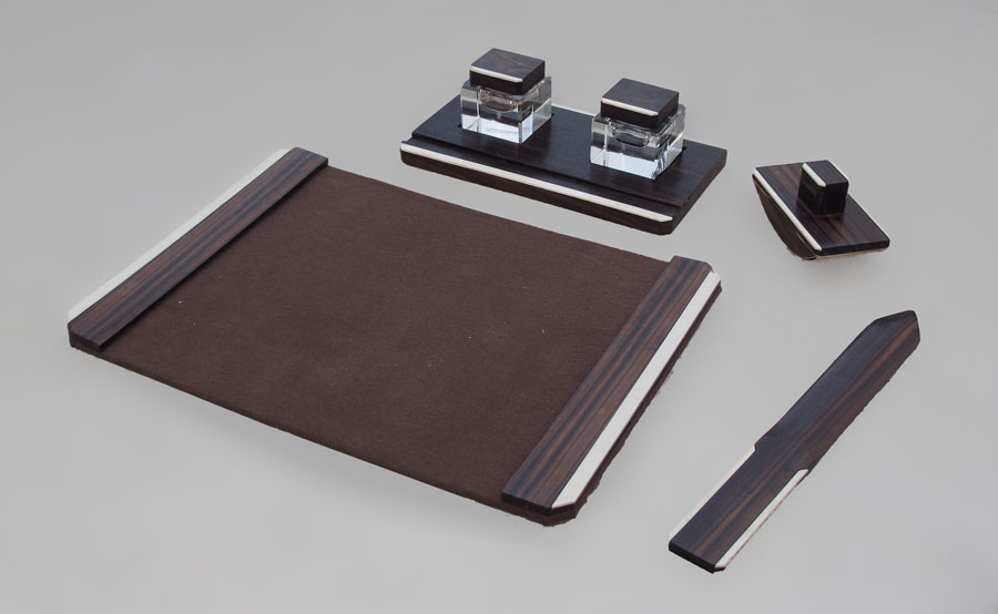 ART DECO ROSEWOOD & IVORY DESK SET: