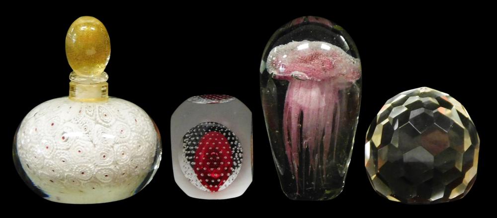 ART GLASS: FOUR CLEAR PAPERWEIGHTS,
