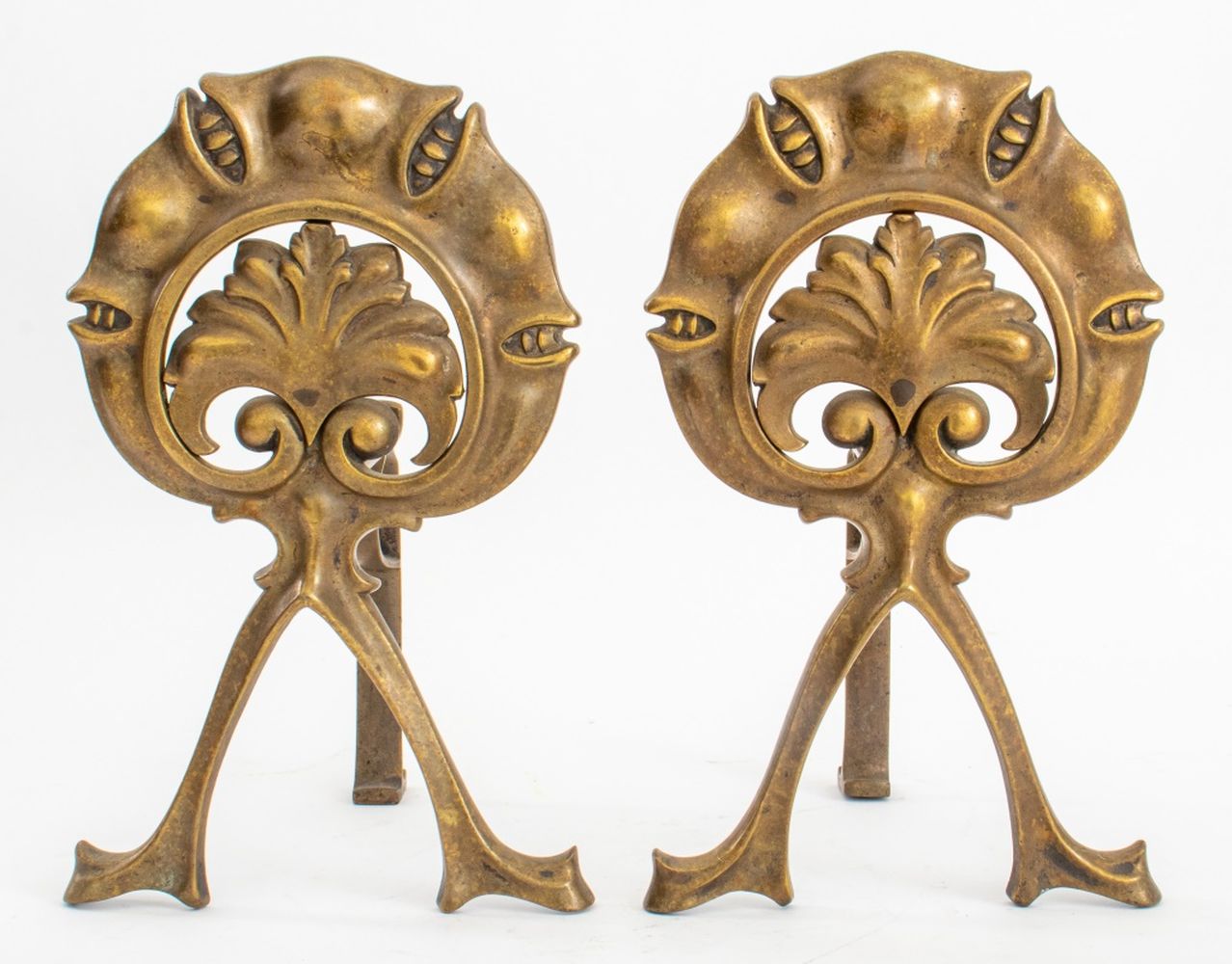ART NOUVEAU BRASS ANDIRONS, 2 Art