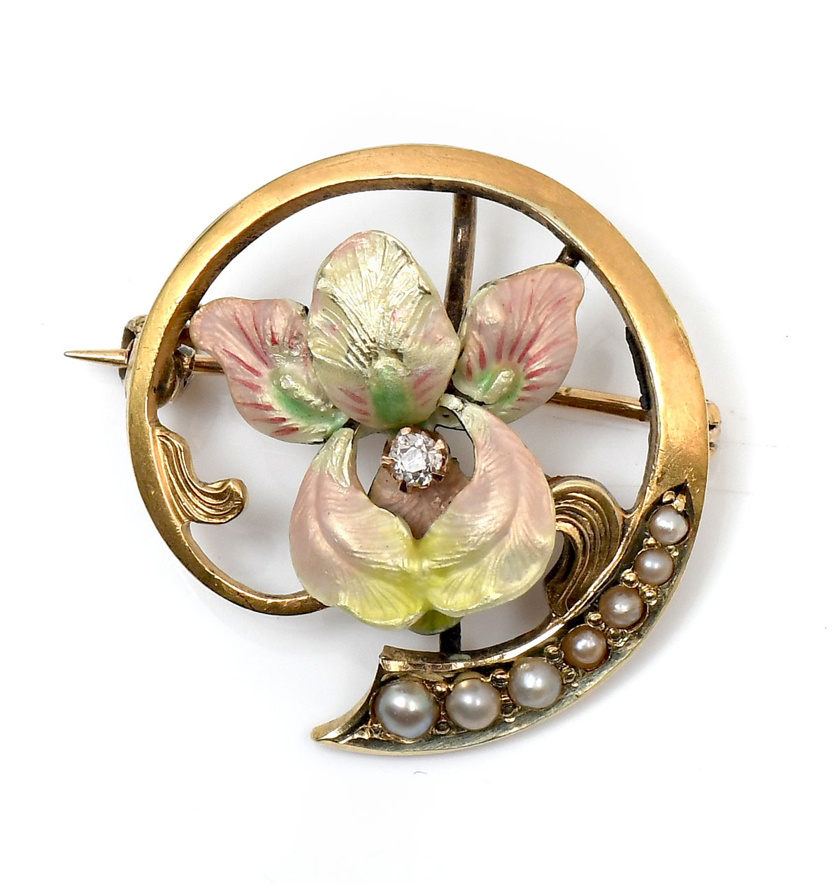 ART NOUVEAU ENAMEL IRIS BROOCH BY