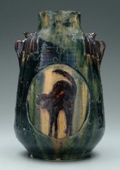 Art pottery vase, cats and bat