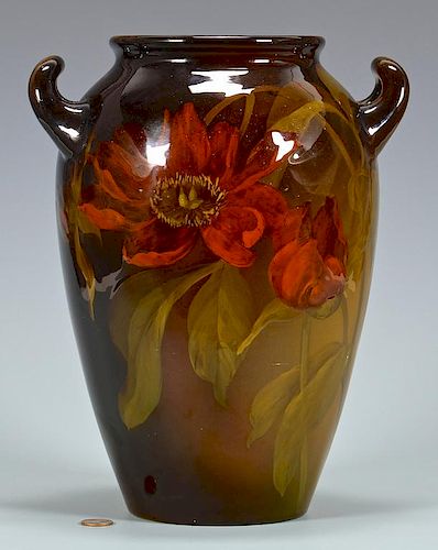 ARTIST SIGNED ROOKWOOD HANDLED JAR,