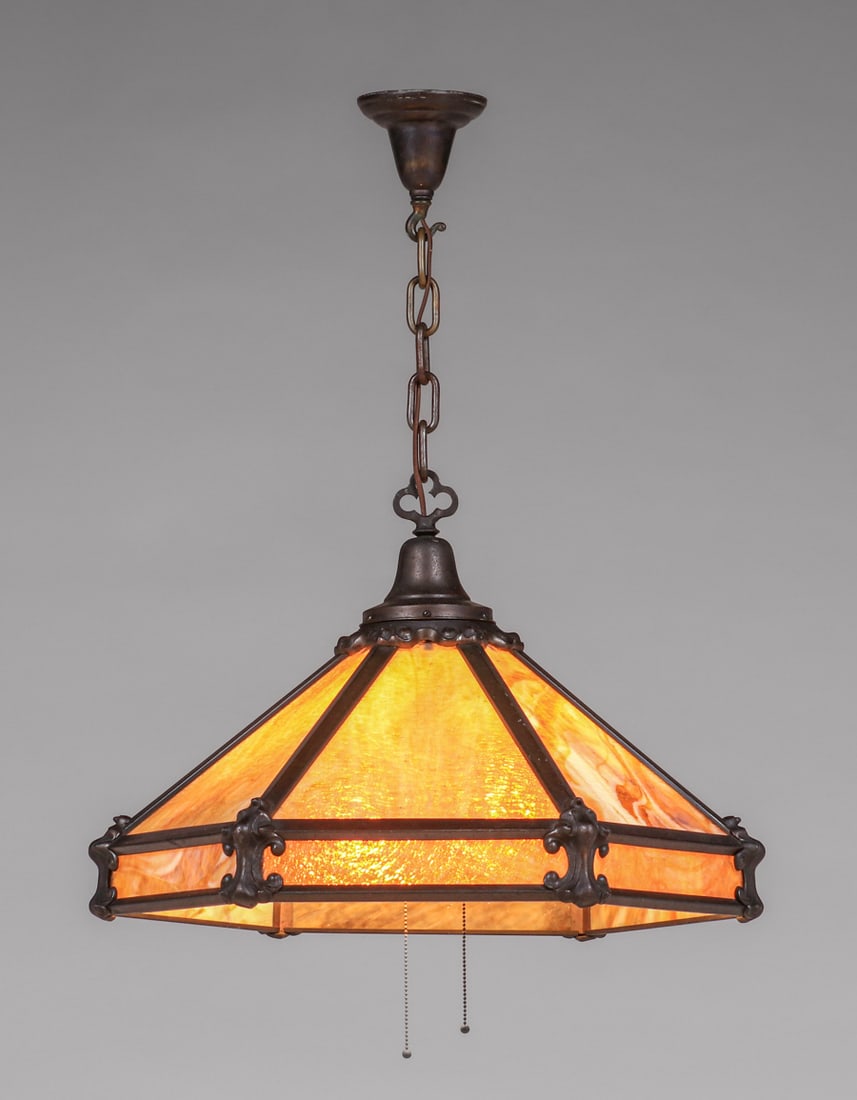 ARTS & CRAFTS BRASS & SLAG GLASS