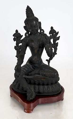ASIAN BRONZE DEITY FIGURE ON WOOD
