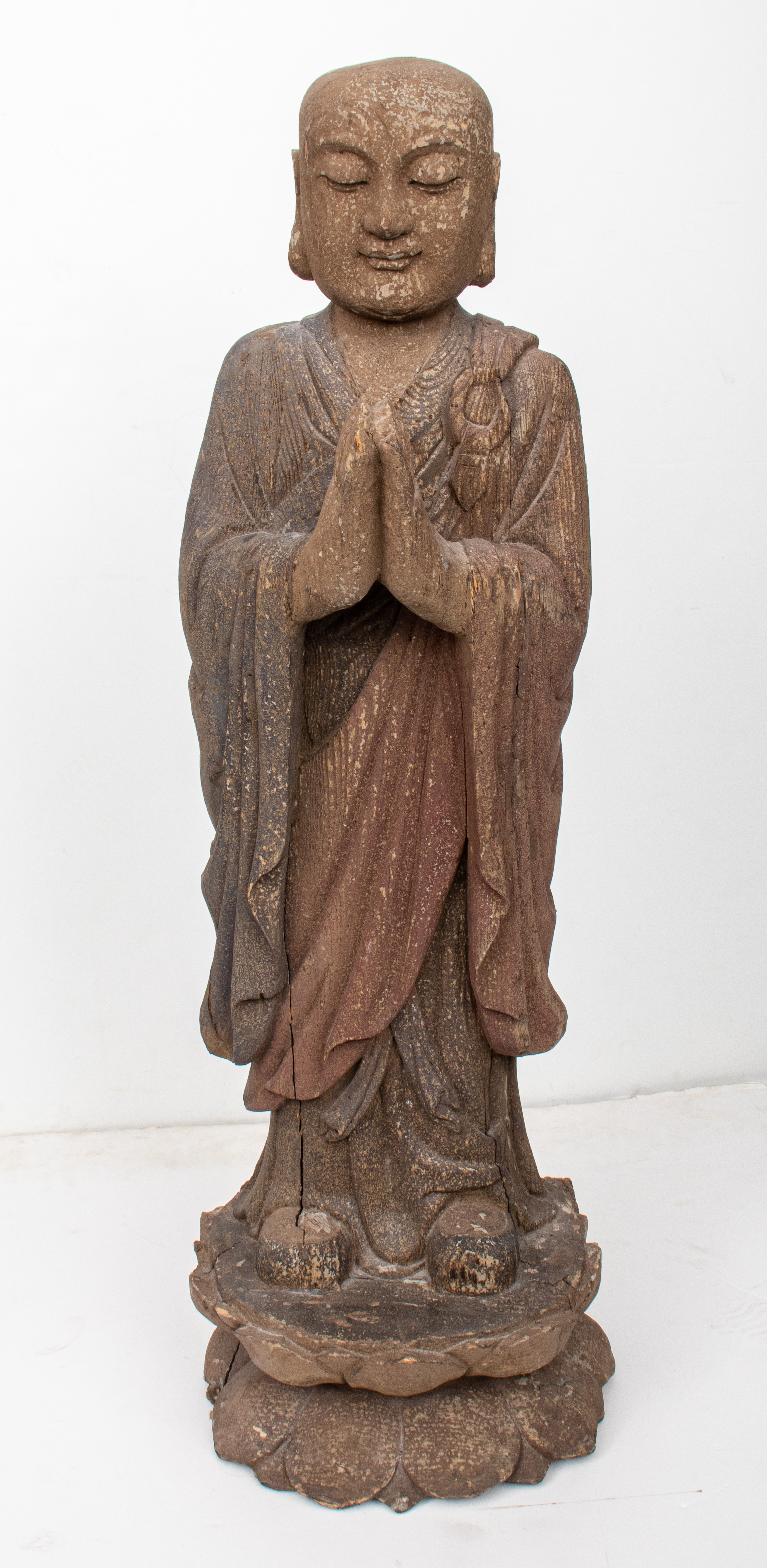 ASIAN BUDDHIST MONK PAINTED WOOD