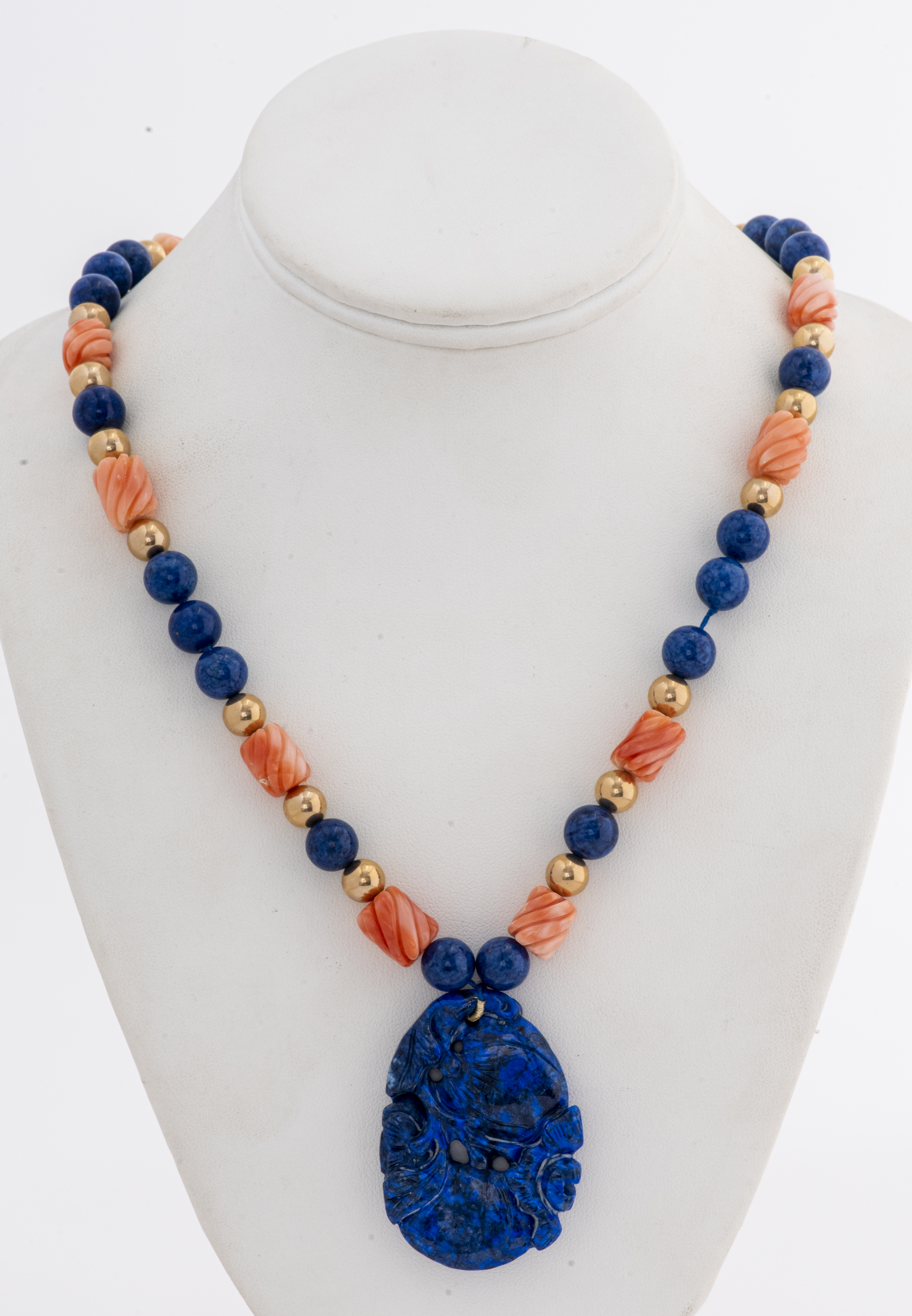 ASIAN CARVED CORAL & LAPIS BEADED