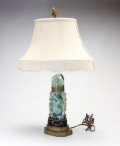 ASIAN CARVED GREEN STONE LAMP.