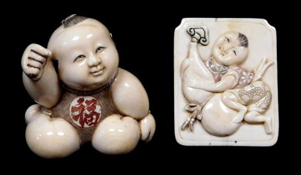 ASIAN: CARVED IVORY, TWO PIECES,