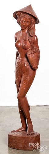 ASIAN CARVED WOOD FIGURE OF A