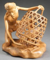 ASIAN CARVED WOOD FIGURE OF A