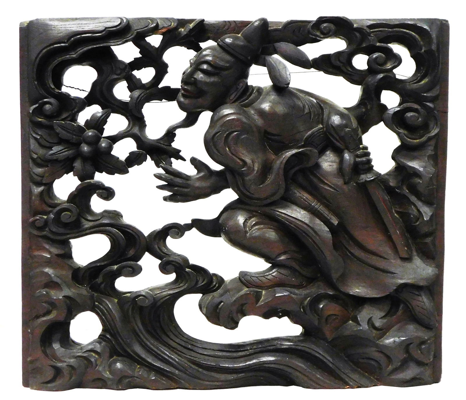 ASIAN: CARVED WOOD PANEL, DEITY