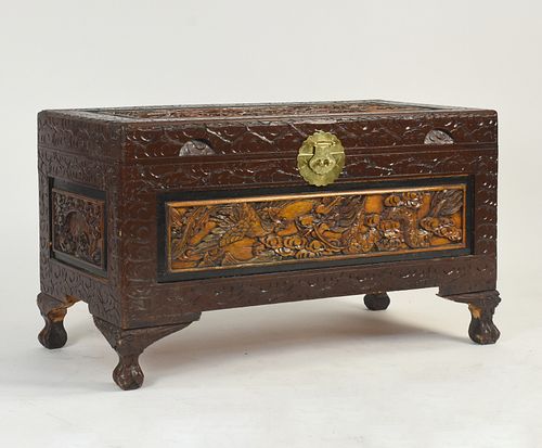 ASIAN CARVED WOODEN CHEST ON CLAW