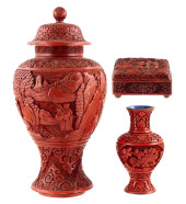 ASIAN: CINNABAR JAR, VASE AND