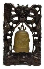 ASIAN GONG ON CARVED HARDWOOD