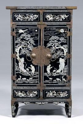 Asian inlaid chest, black lacquered