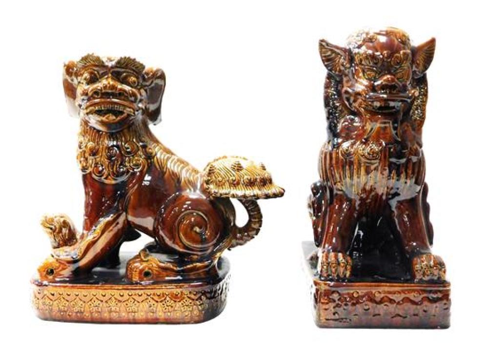 ASIAN: LARGE BROWN GLAZED FOO DOGS,