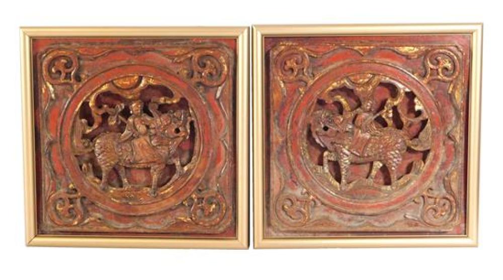 ASIAN: PAIR CARVED WOODEN PANELS,